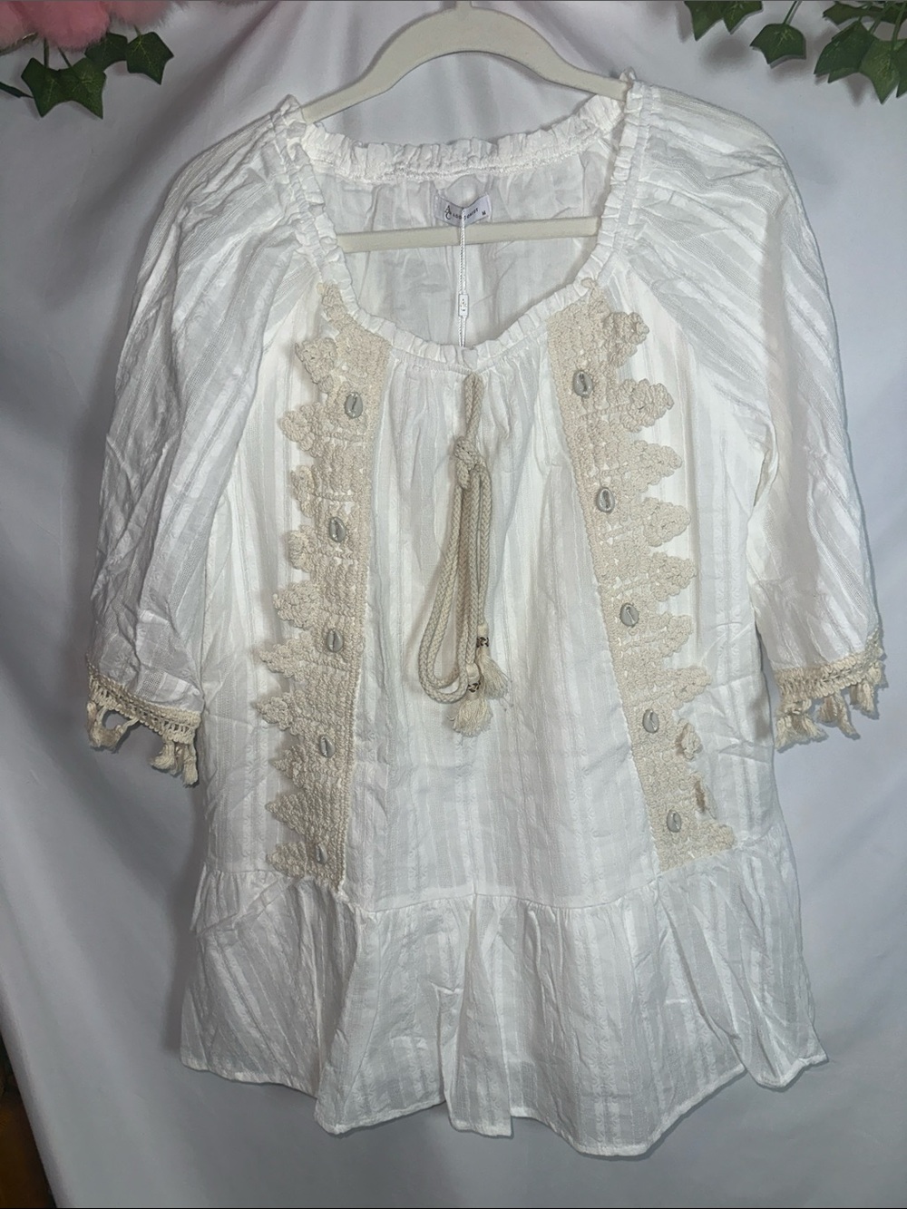 Boho Cream-Trim White Peasant Blouse